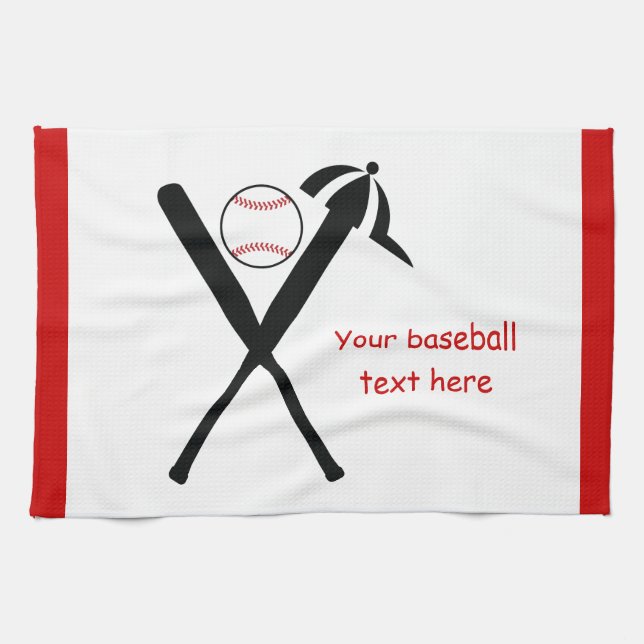 Baseball crossed bats and cap black, red custom tea towel (Horizontal)