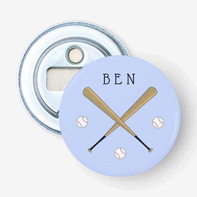 Baseball crossed bats personalised blue bottle opener (Front)