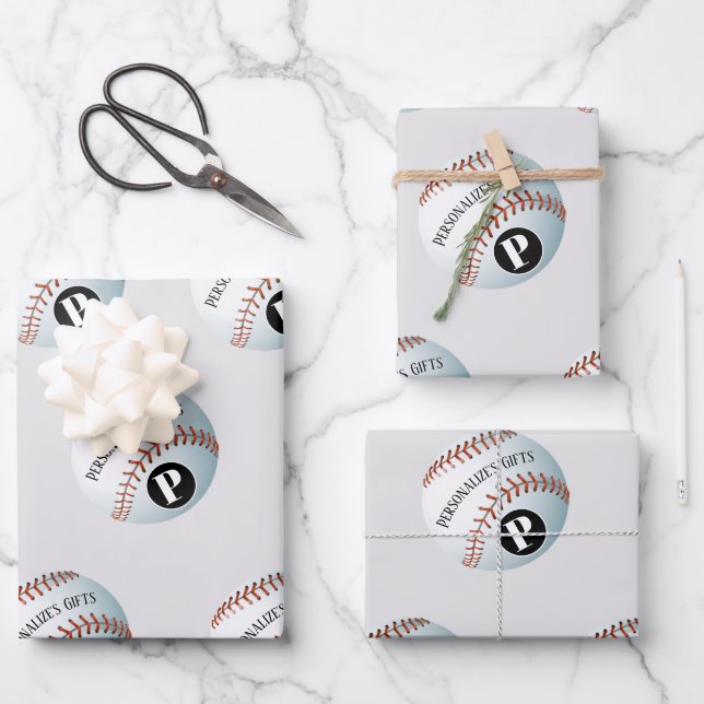 Baseball Custom Monogram Name Wrapping Paper Sheet (Front)