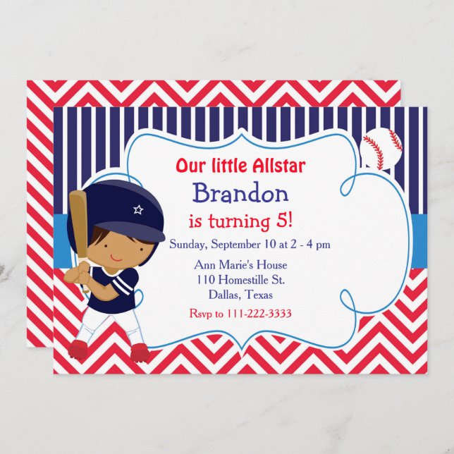 Baseball Cute African American Boy Birthday Invitation (Front/Back)