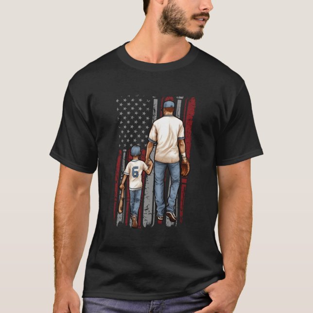 Baseball Dad And Son American Flag Fathers Day T-Shirt (Front)