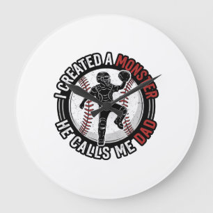 Baseball Dad Monster Vintage Catcher Shirt Design_ Large Clock
