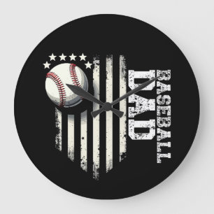 Baseball DAD USA American Flag Fathers Day 4th of  Large Clock