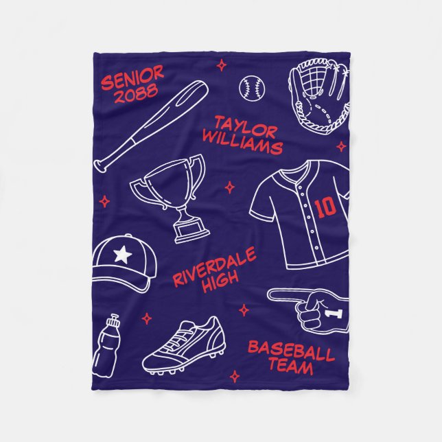 Baseball Doodle Pattern Custom Name Senior Gift Fleece Blanket (Front)