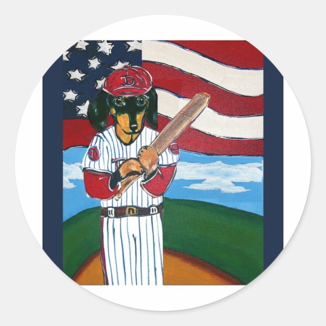 Baseball doxie classic round sticker (Front)
