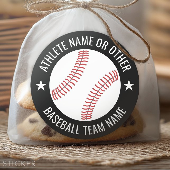Baseball Drawing with Team and Athlete Name modern Classic Round Sticker (Custom Sticker)