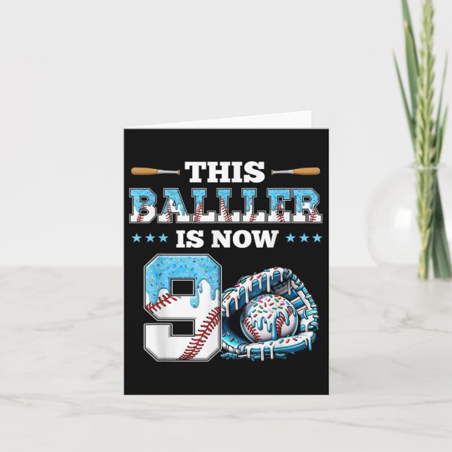 Baseball Drip 9th Birthday Party Boy Sport Fan 9 Y Card (Front)