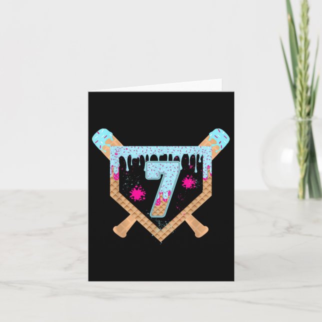 Baseball Drip Ice Cream Dripping 7 Year Old 7th Bi Card (Front)
