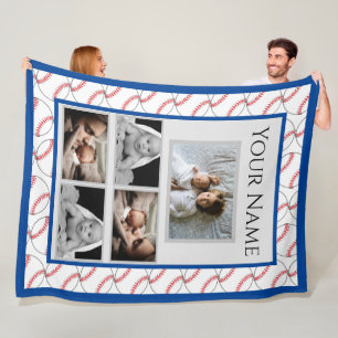 Baseball Fan Pattern with Custom Photos and Name Fleece Blanket