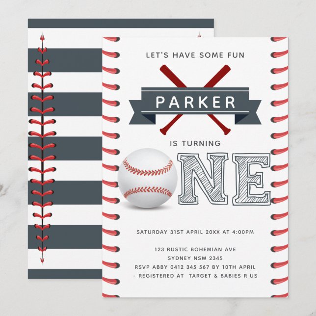 Baseball First Birthday Boy Invitation (Front/Back)
