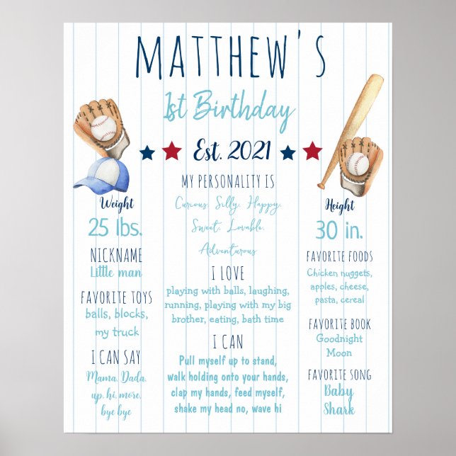 Baseball First Birthday Milestone Sign (Front)