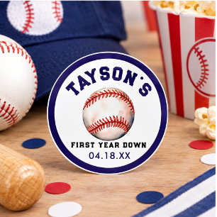 Baseball First Year Down 1st Birthday Classic Round Sticker