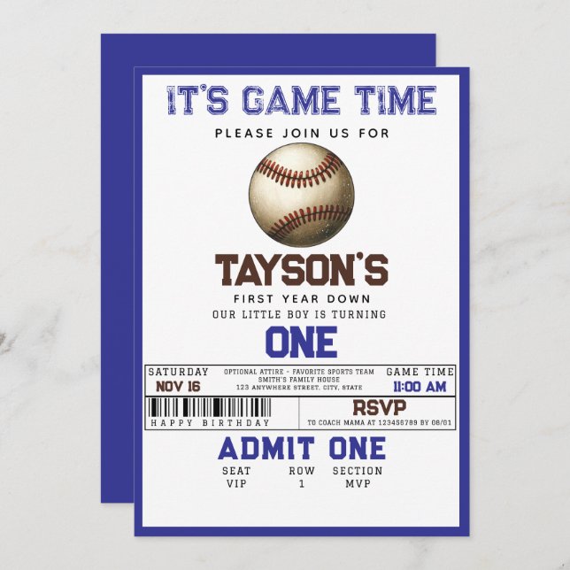 baseball First Year Down 1st Birthday Invitation (Front/Back)