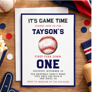 Baseball First Year Down 1st Birthday  Invitation