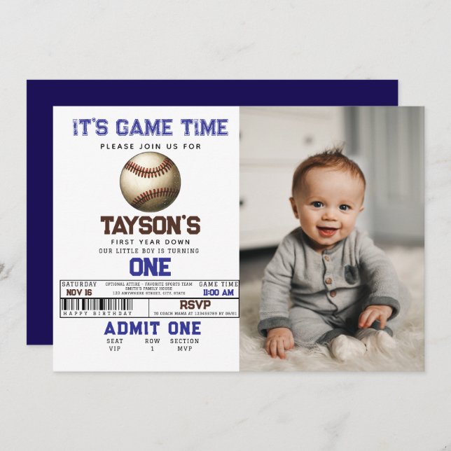 Baseball First Year Down 1st Birthday photo Invitation (Front/Back)