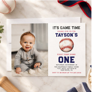 Baseball First Year Down 1st Birthday photo Invitation