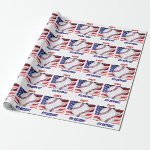 Baseball Flag Boy Birthday Name Red White Blue Wrapping Paper