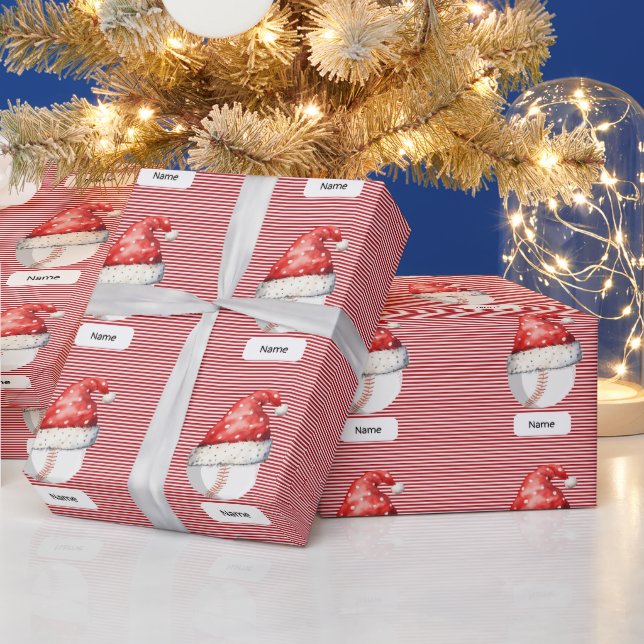 Baseball for Christmas with Santa Hat Wrapping Paper (Holidays)