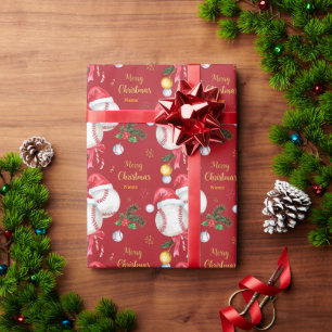 Baseball for Christmas with Santa Hat  Wrapping Paper