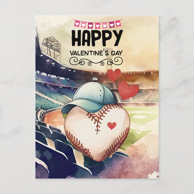Baseball for Valentine's Day with hearts Holiday Postcard (Front)
