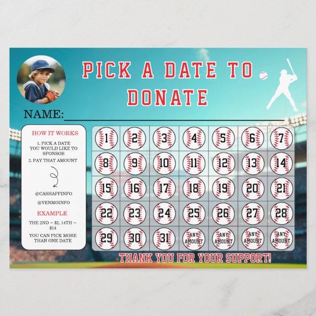 Baseball Fundraiser Calendar Template (Front)