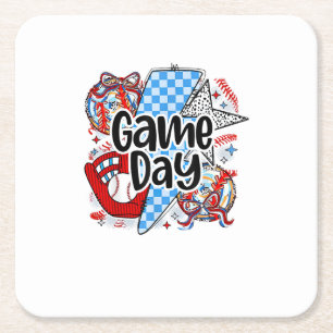 Baseball Game Day Retro Tis The Season Checkered Square Paper Coaster