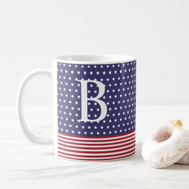 Baseball Game Red, White & Blue Monogram Coffee Mug (With Donut)
