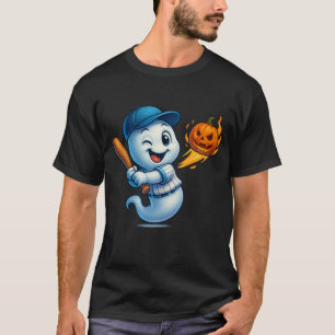 Baseball Ghost with Flaming Pumpkin Halloween Shir T-Shirt
