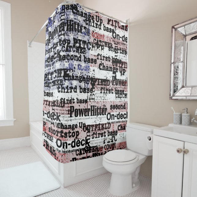 Baseball Glory | Faded Grunge American Flag Words Shower Curtain (In Situ)