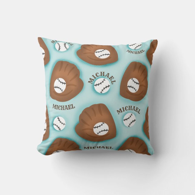 Baseball Glove Ball & Boy Name Pattern Sport Theme Cushion (Front)