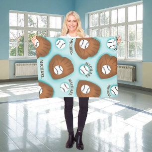 Baseball Glove Ball & Boy Name Pattern Sport Theme Fleece Blanket
