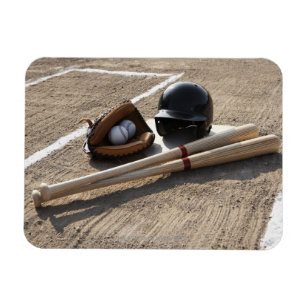 Baseball glove, balls, bats and baseball helmet magnet