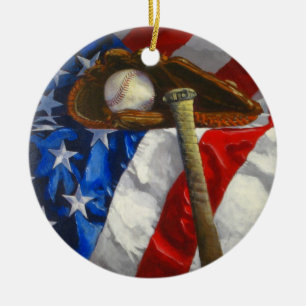 Baseball, glove, bat & American flag Ceramic Ornament
