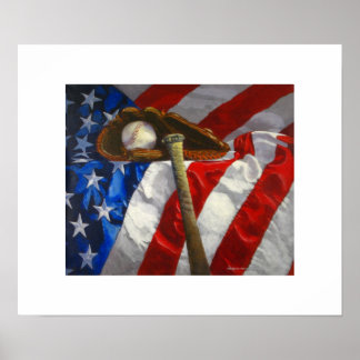 Baseball, glove, bat & American flag poster