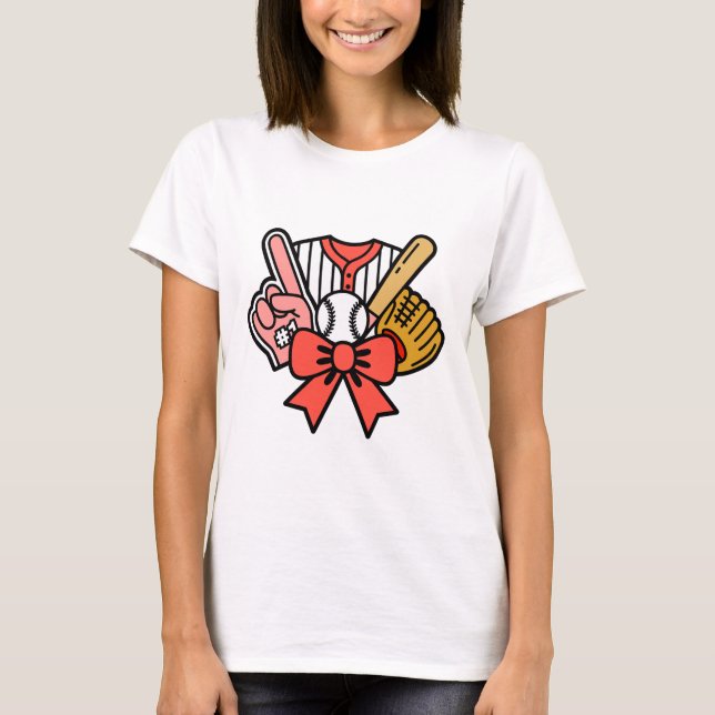 Baseball Glove Bat Ball Red Bow Sports Fan Cartoon T-Shirt (Front)