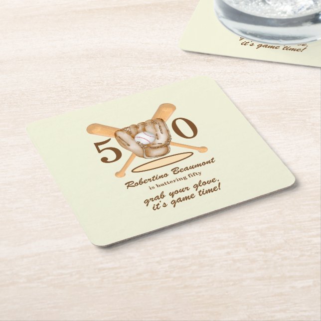 Baseball Glove Bats Themed Men's 50th Birthday Square Paper Coaster (Angled)