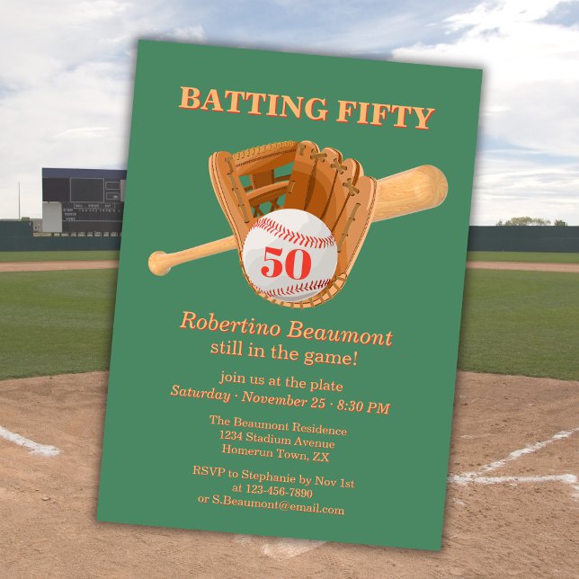 Baseball Glove Batting Fifty Men's 50th Birthday Invitation (Creator Uploaded)
