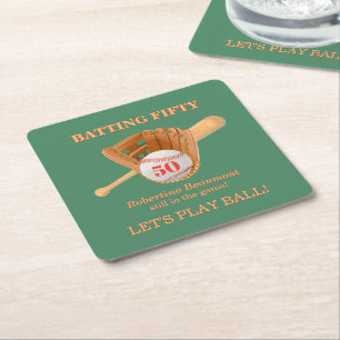 Baseball Glove Batting Fifty Men's 50th Birthday Square Paper Coaster