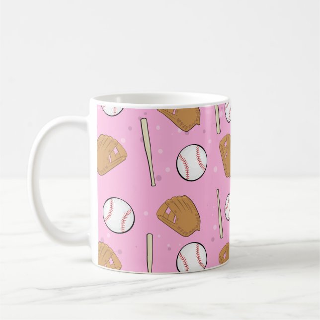 Baseball - Gloves, Balls & Bats on Pink Background Coffee Mug (Left)