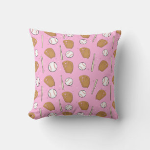 Baseball - Gloves, Balls & Bats on Pink Background Cushion