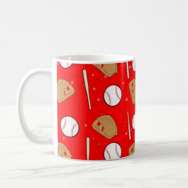Baseball - Gloves, Balls & Bats on Red Background  Coffee Mug (Left)