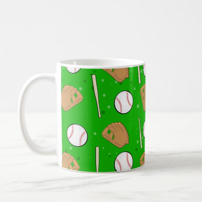 Baseball - Gloves, Balls & Bats Seamless Pattern Coffee Mug (Left)