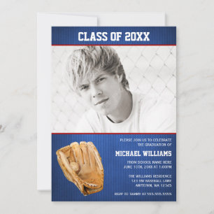 Baseball Graduation Blue Red Photo Invitation