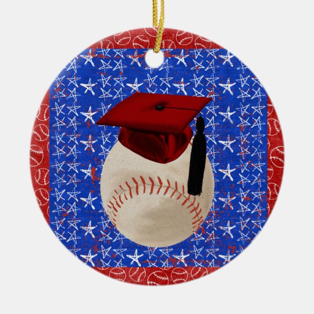 Baseball Graduation Cap, Stars, Red, White, Blue Ceramic Tree Decoration (Front)