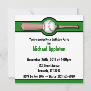 Baseball Green Birthday Invitations