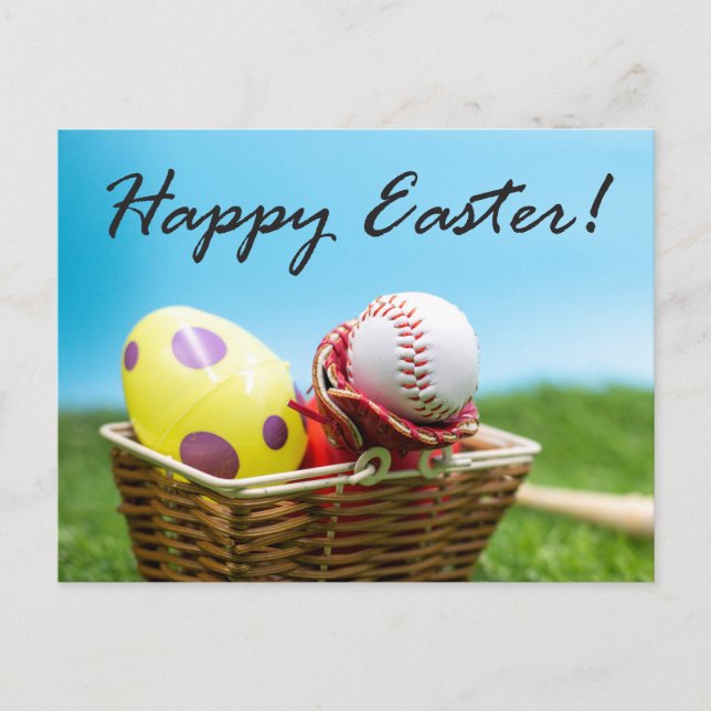Baseball Happy Easter with Eggs in Basket Holiday Postcard (Front)