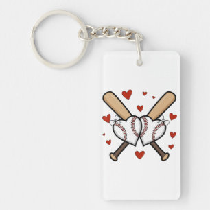 Baseball Heart Design with Bats and Bows Key Ring