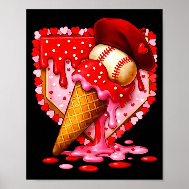 Baseball Heart Valentine Baseball Ice Cream Drip B Poster (Front)