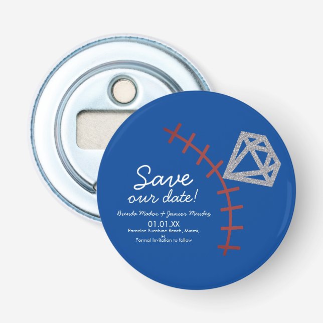 Baseball Homerun Diamond Gem  Save The Date Blue Bottle Opener (Front)
