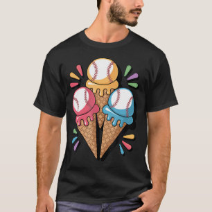 Baseball Ice Cream Cone Triple Scoop Dripping Base T-Shirt